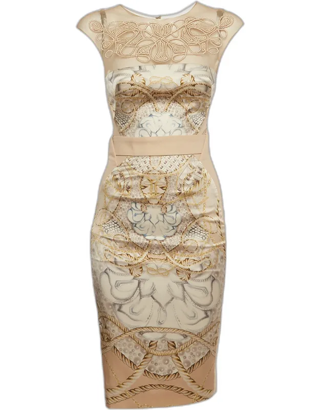 Baroque Print Satin And Crepe Knee Length Dress