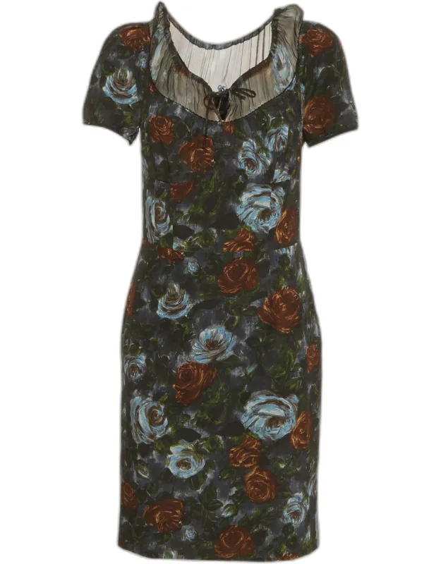Floral Print Silk Blend Scoop Neck Mini Dress