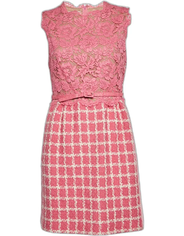 Check Tweed And Guipure Lace Sleeveless Mini Dress