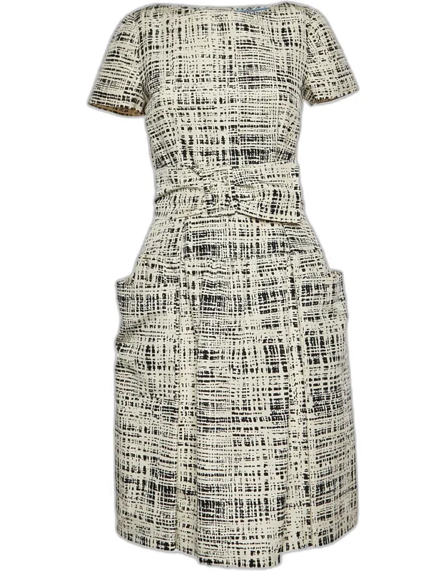 Monochrome Printed Silk Short Sleeve Belted Knee Length Dress