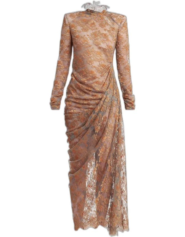 Feather-trim Draped Lace Long-sleeve Maxi Dress