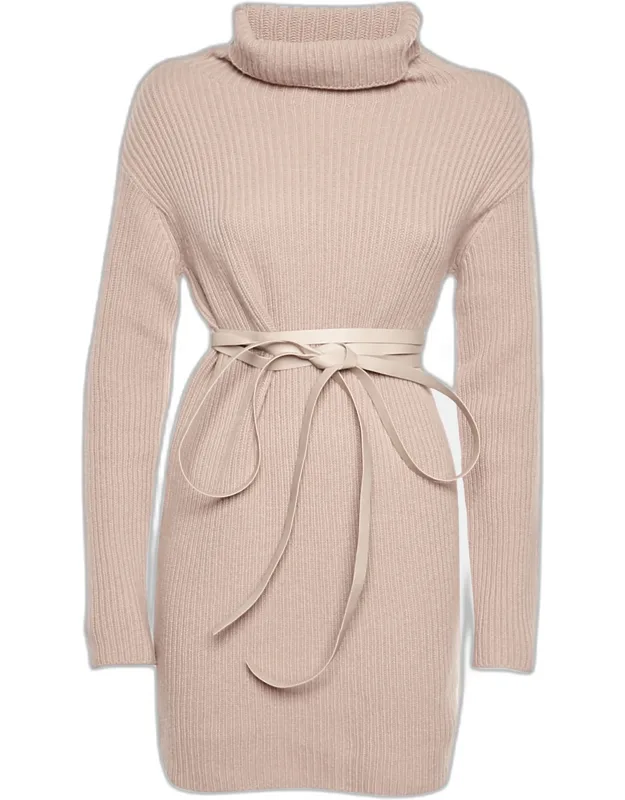 Rib Knit Turtle Neck Belted Mini Dress