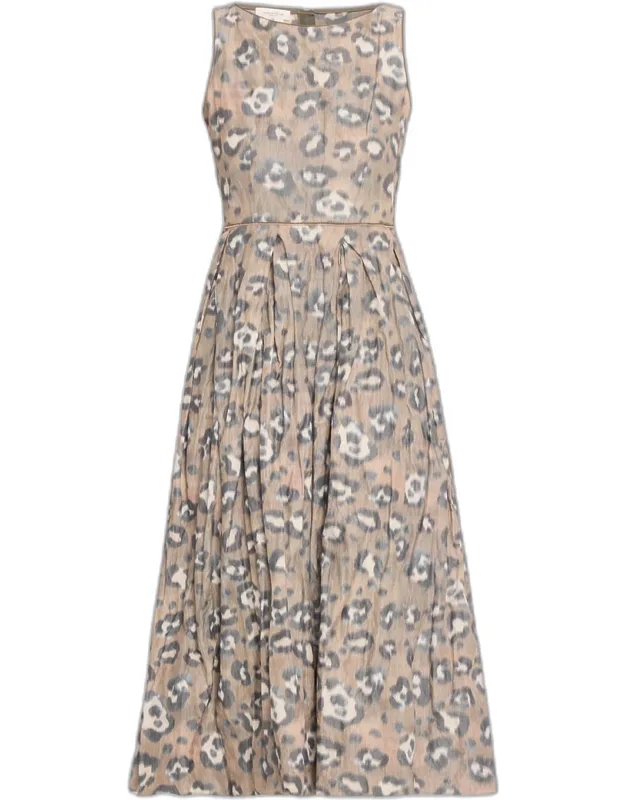Pleated Leopard-print Taffeta Midi Dress