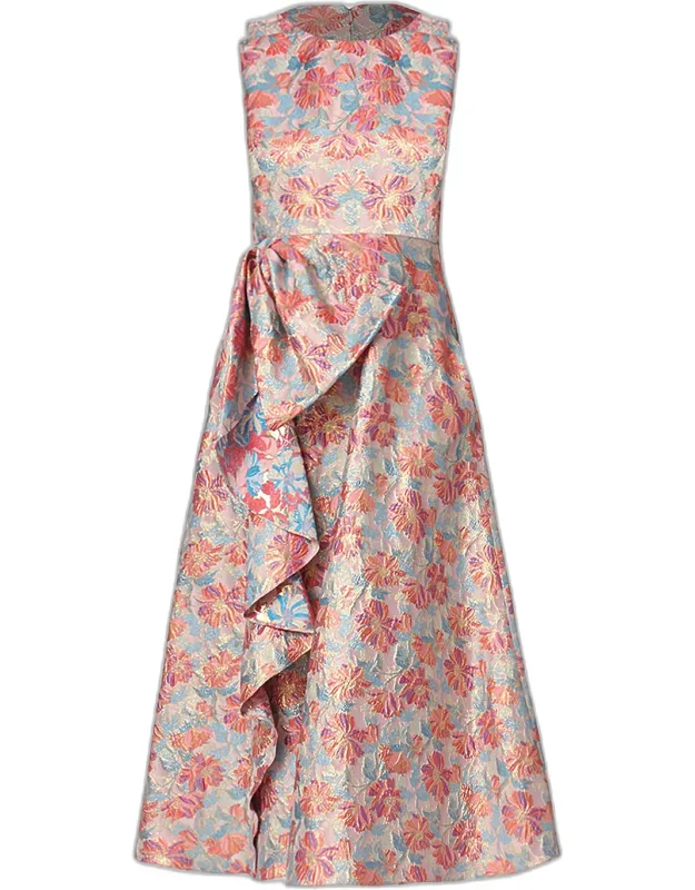 Ruffle Metallic Floral Jacquard Midi Dress