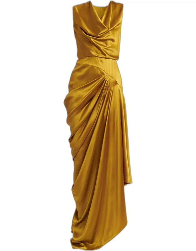 Cowl-neck Sleeveless Draped Silk Maxi Dress
