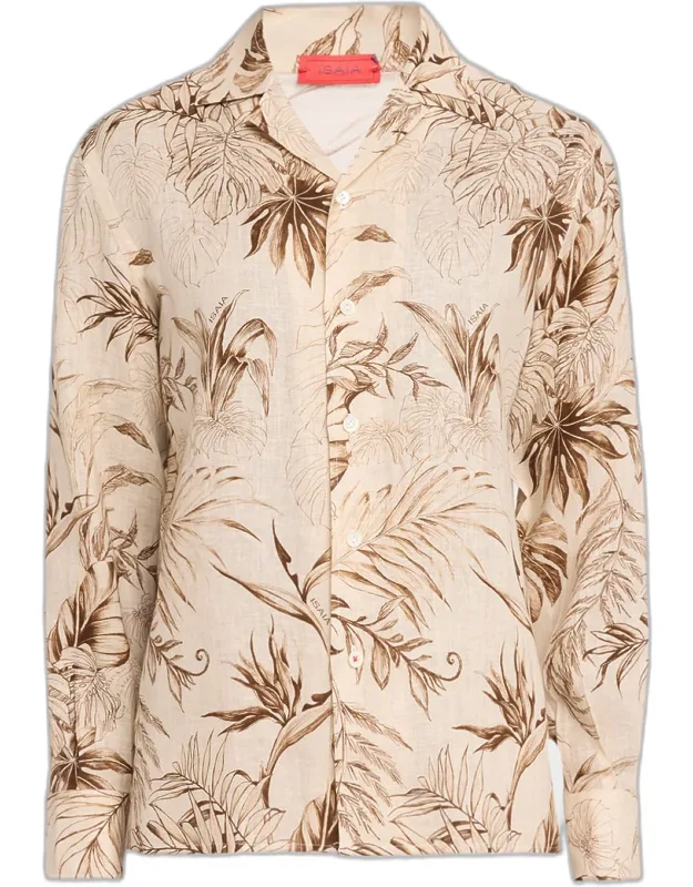 Palm Print Linen Button-down Shirt
