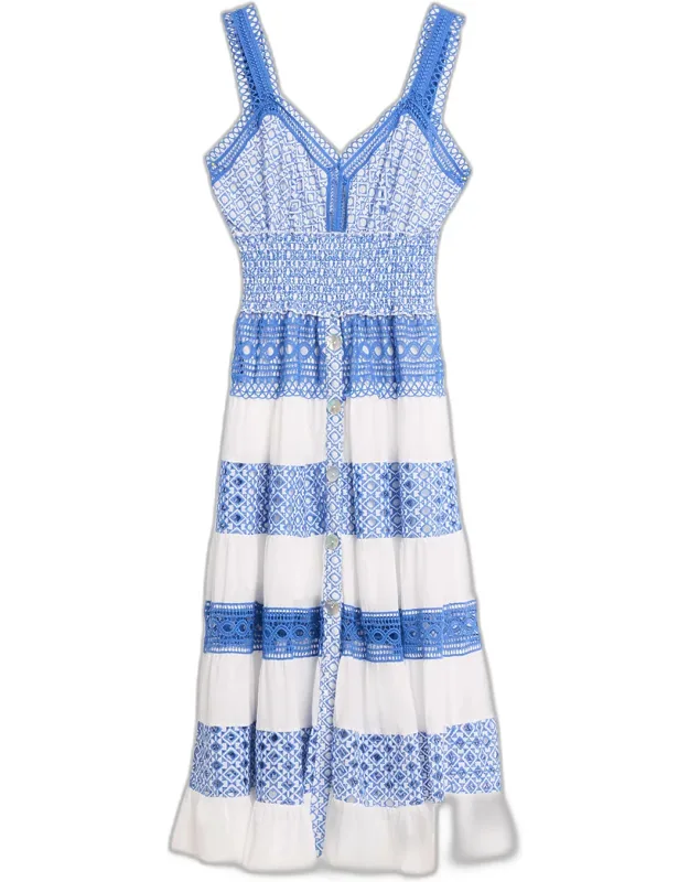 Mixed Eyelet-embroidered Midi Dress