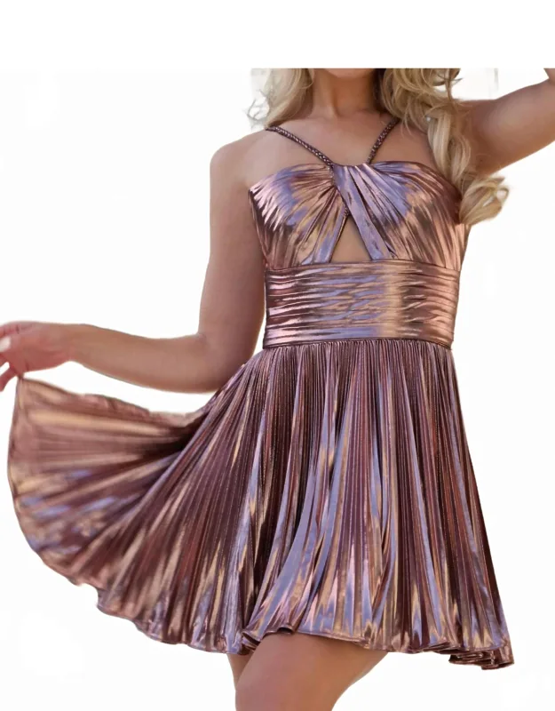 Metallic Pleated Mini Dress With Keyhole Halter Neckline