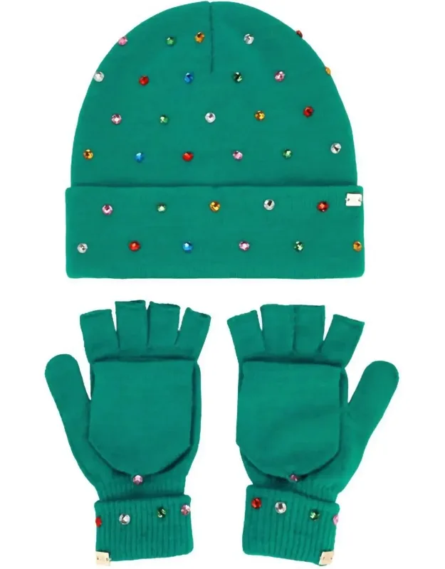 Knit Rhinestone Beanie And Mittens Set