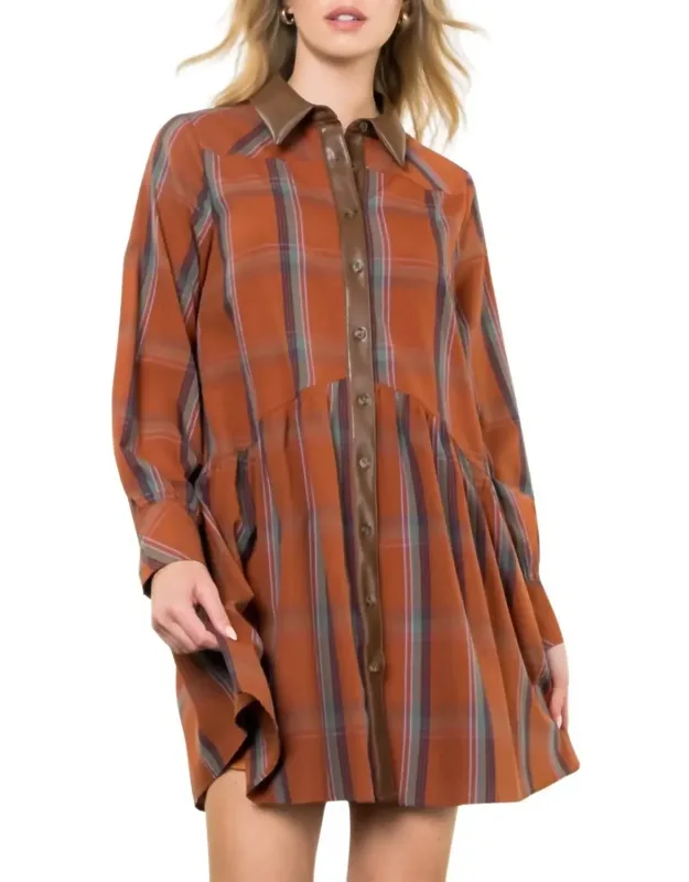 Plaid Contrast Leather Button Dress