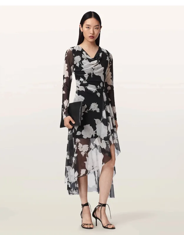 Draped Mesh Midi Dress