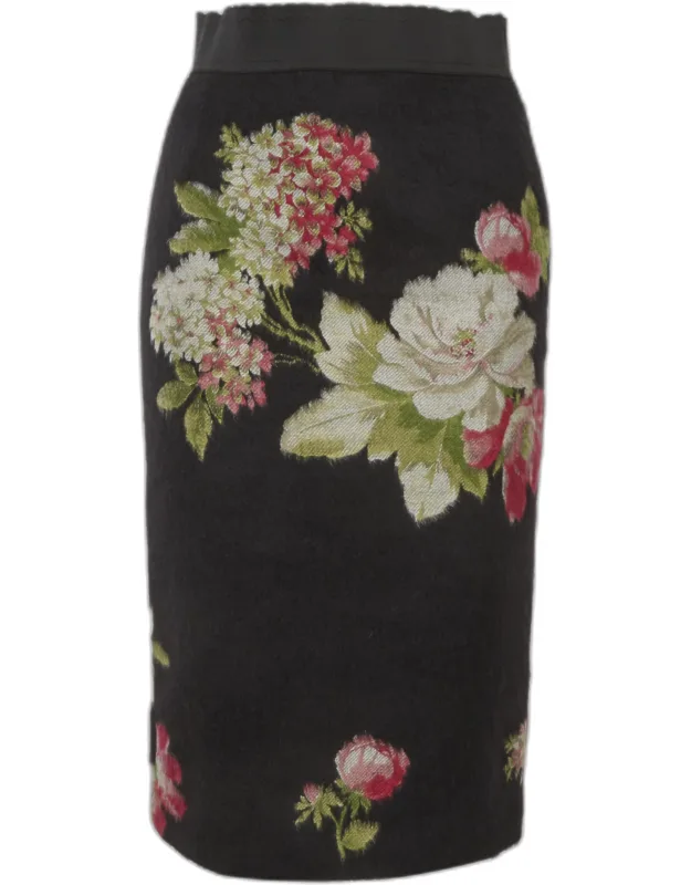 Floral Print Textured Wool Pencil Skirt