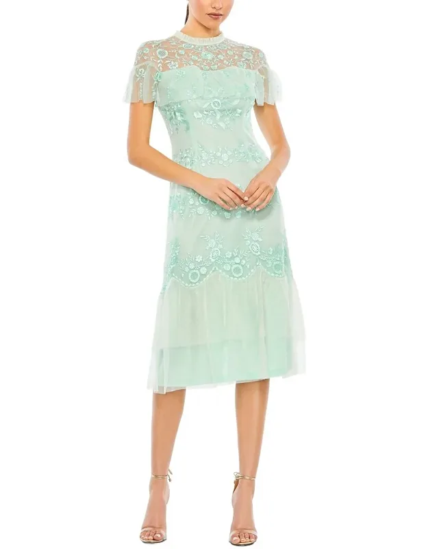 Embroidered Ruffled Cap Sleeve Midi Dress