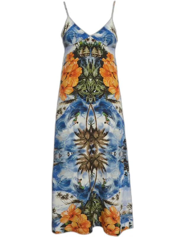 Tropical Hawaiian Print Silk Strappy Midi Dress