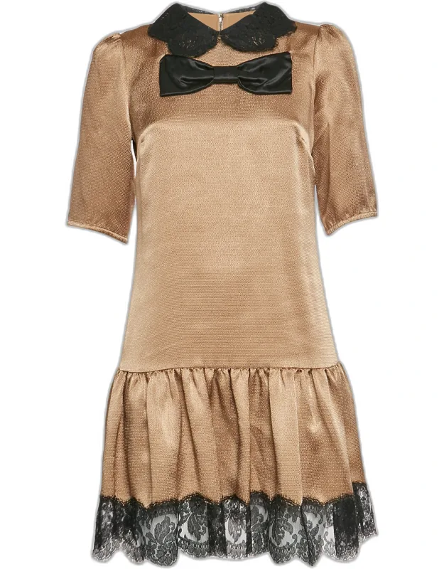Tan Synthetic Lace Trim Ruffled Hem Mini Dress