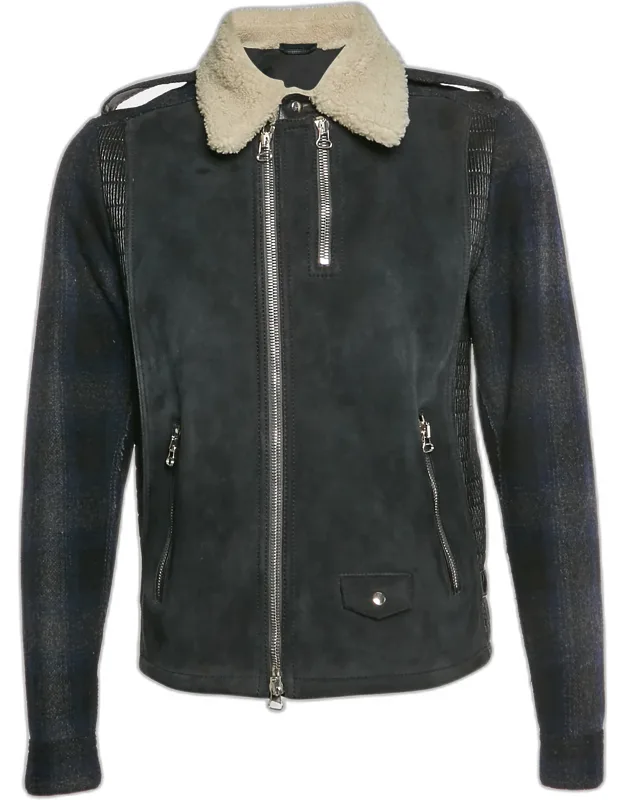 Wool Blend And Suede Shearling Collar Moto Jacket