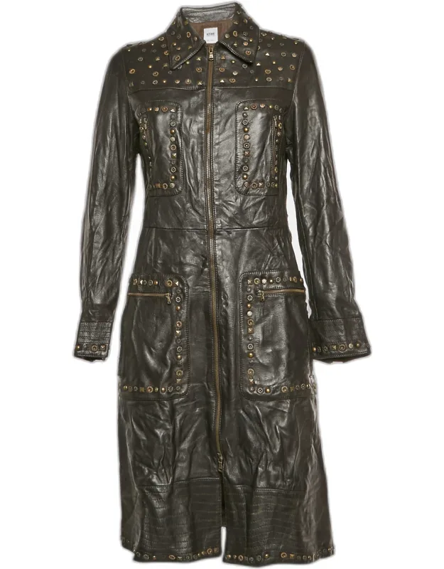 Vintage Brown Leather Studded Long Coat