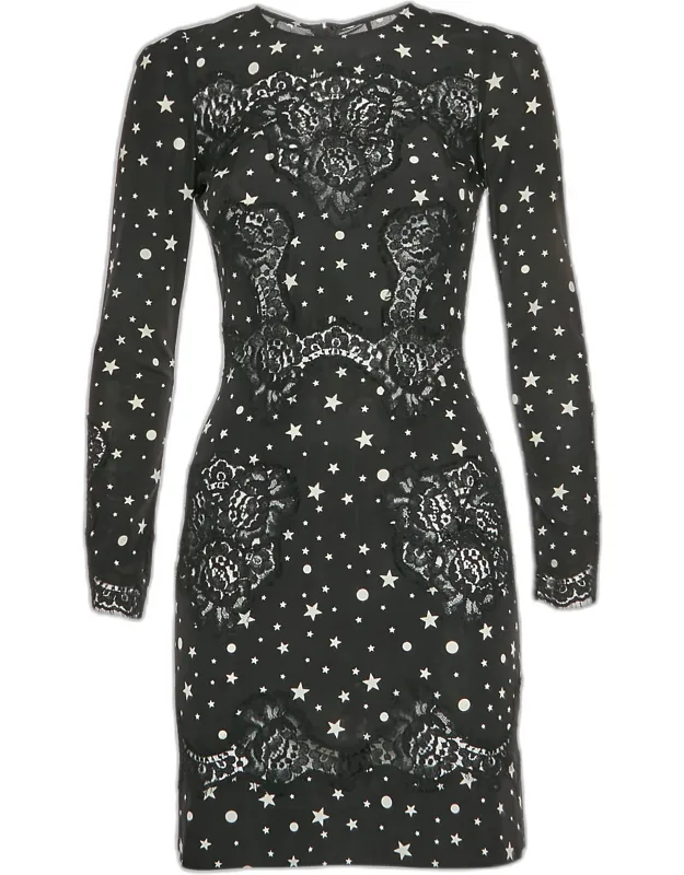 Star Print Silk Blend Crepe And Lace Mini Dress