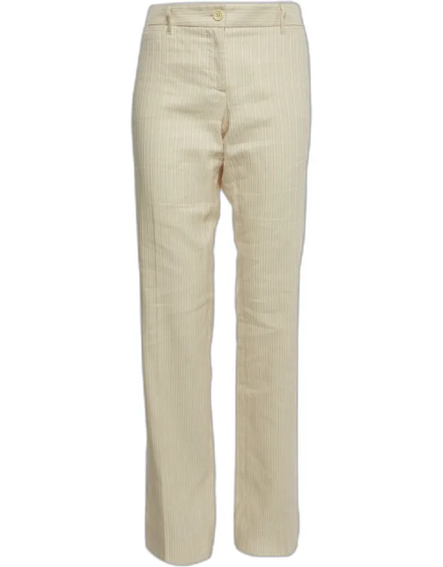 Cream Stripe Linen Blend Straight Fit Pants