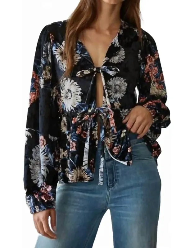 Woven Floral Print V Neck Tie Front Top