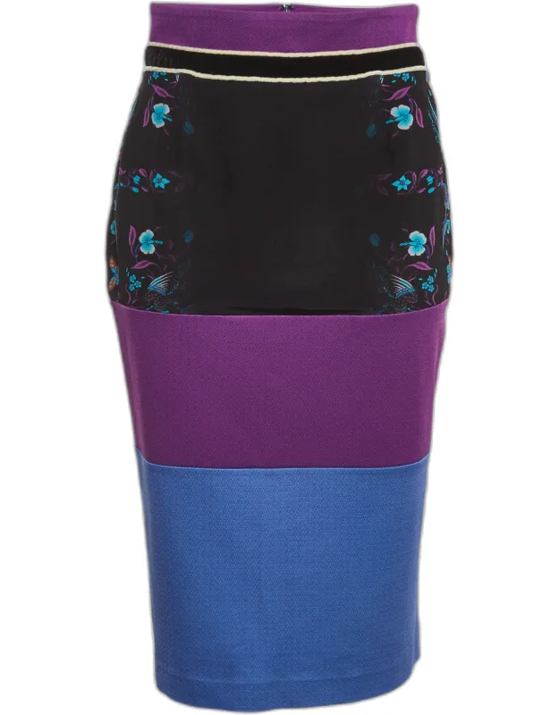 Multicolour Floral Print Jersey And Crepe Knee Length Skirt