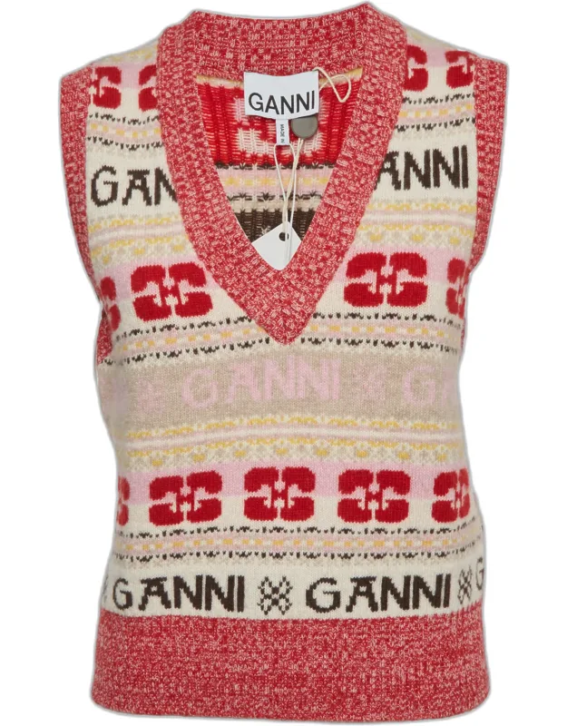 Intarsia Wool Knit V-neck Sweater Vest