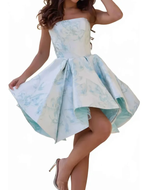 Floral Jacquard Strapless High Low Cocktail Dress
