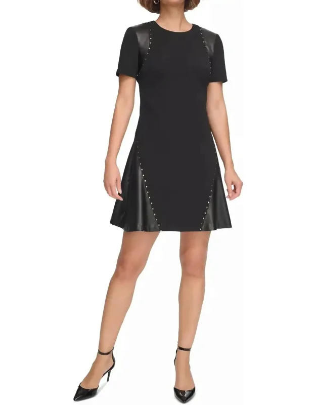Studded Mixed-media Fit & Flare Dress