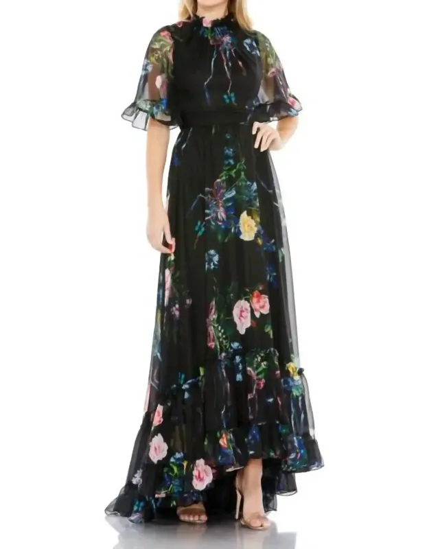 Ruffle Neck Floral Print Dress