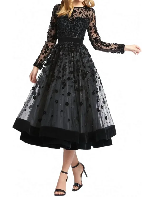 Long Sleeve Tea-length Formal Dress
