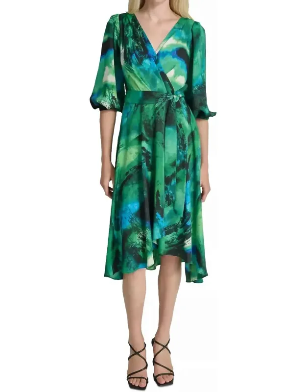 Printed Sash-tie V-neck Elbow-sleeve Midi Dress