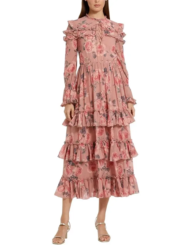 Long Sleeve Lace Up Front Tiered Ruffle Dress