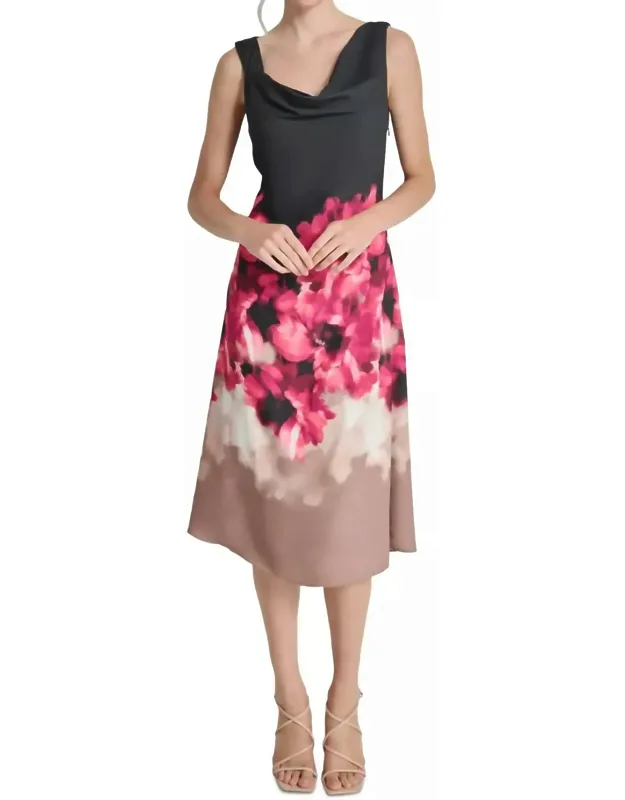 Floral Asymmetric Cowlneck Midi Dress