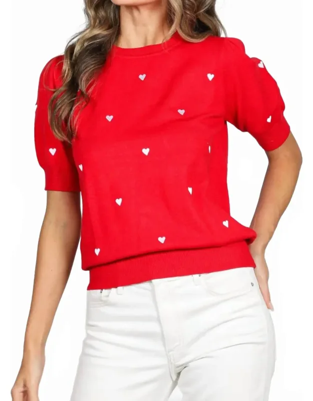 Sweetheart Embroidery Short Sleeve Knitted Top