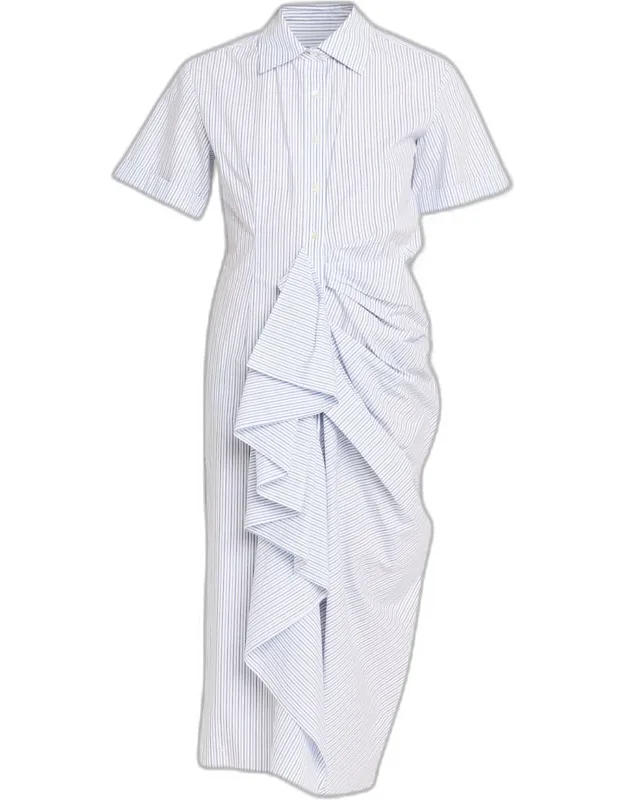 Gathered Ruffle Striped Cotton Midi Shirtdress