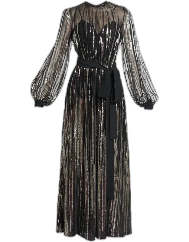 Sequin Embroidered Tulle Long-sleeve Maxi Dress