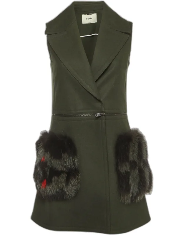 Wool Blend Fox Fur Trim Detachable Vest Coat