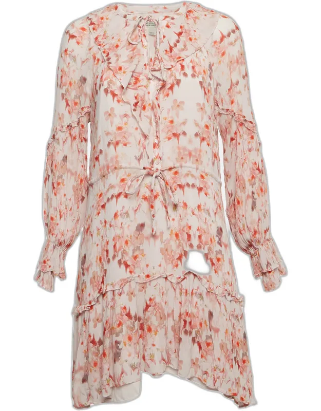 Multicolor Floral Print Crinkled Chiffon Mini Dress