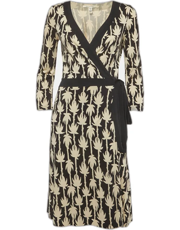Palm Print Silk Knit Wrap Midi Dress