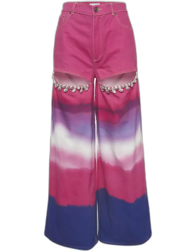 Multicolor Ombre Crystal Embellished Denim Cut Out Wide Leg Jeans