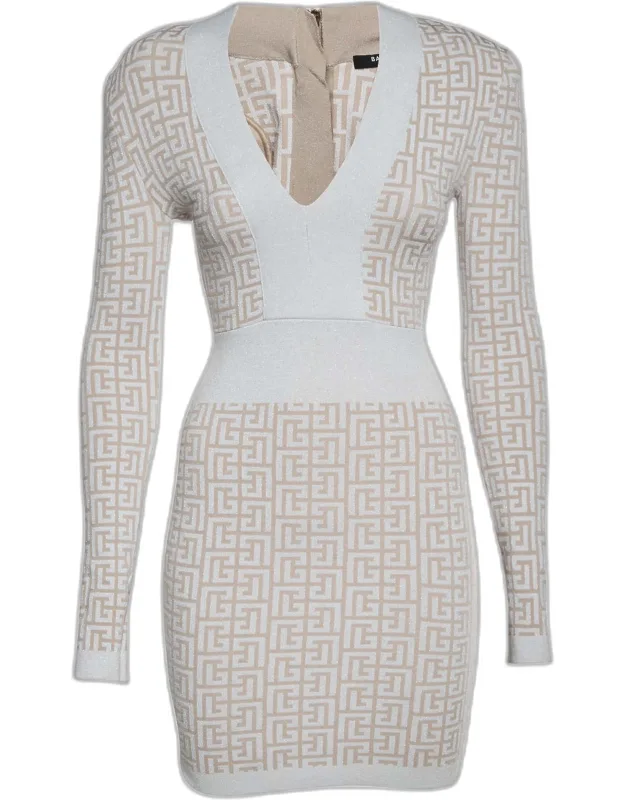 Monogram Jacquard Lurex Knit Long-sleeve Dress