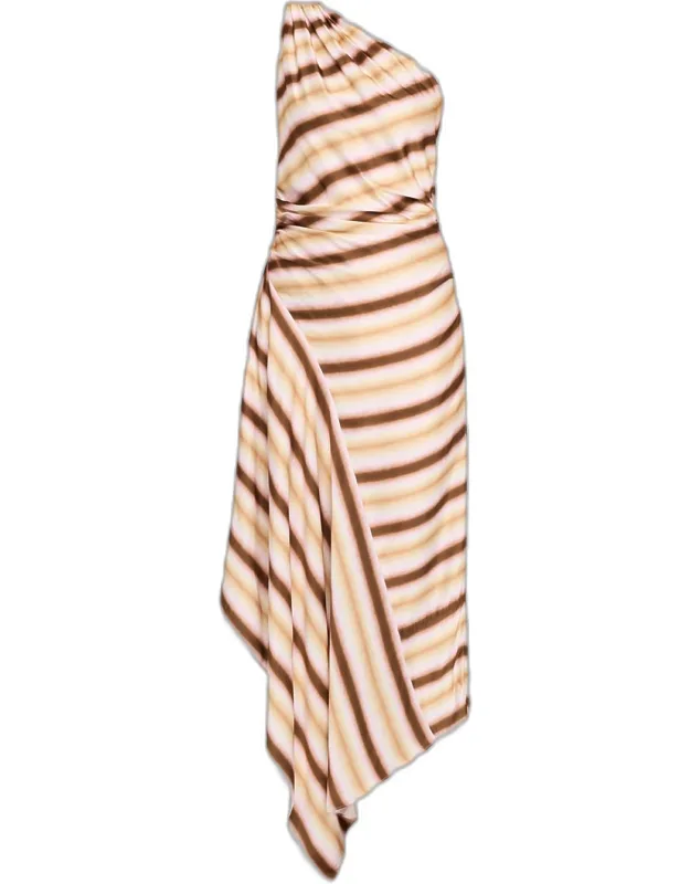 Stripe Draped One-shoulder Midi Dress