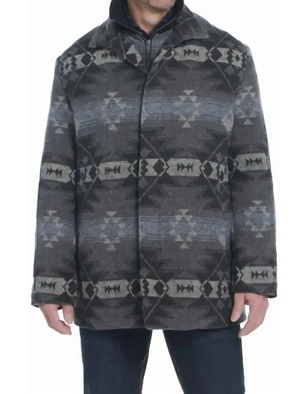 Navajo Blanket Zip And Button Front Coat With Knit Collar
