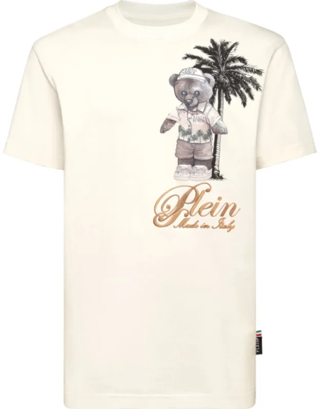 Round Neck T-shirt Beach With Cotton Jersey And Rhinestoned Pattern