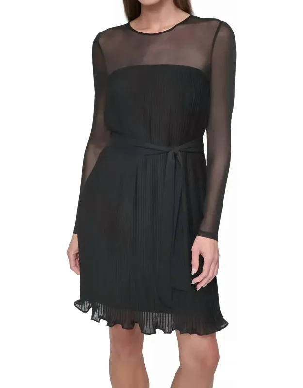 Jewel-neck Belted A-line Pleated Mesh Dress