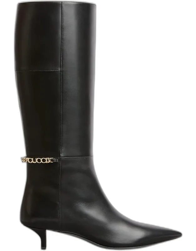Leather Logo Chain Tall Boots