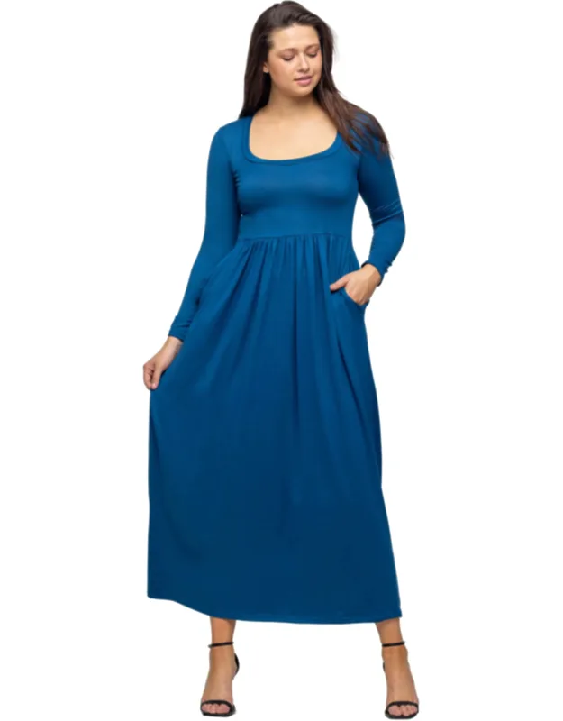 Square Neck Long Sleeve Pleated Empire Waist Pocket Maxi Dress With A Line Skirt And Soft Fabric