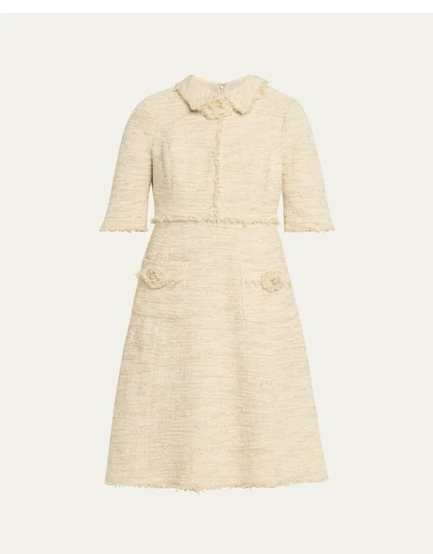 Fringe-trim Metallic Tweed Dress