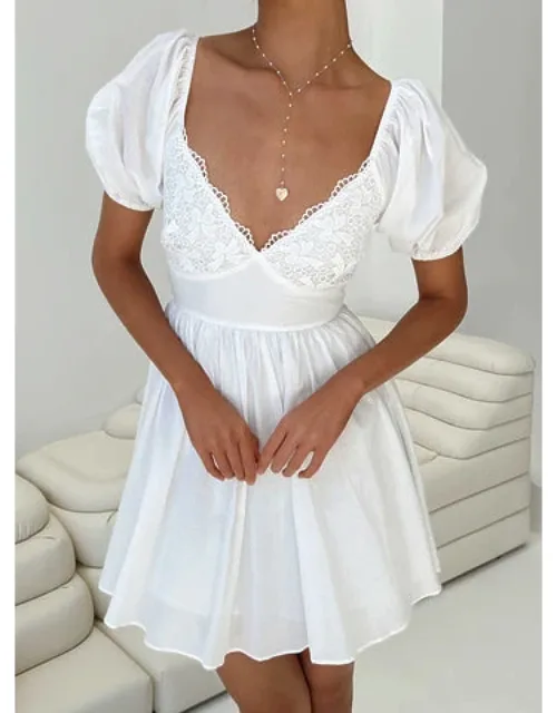 Mini Dress Puff Sleeve V Neck
