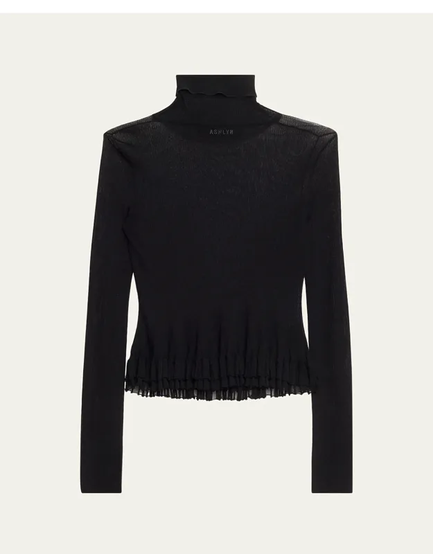 Ruffle Sheer Rib Turtleneck Sweater